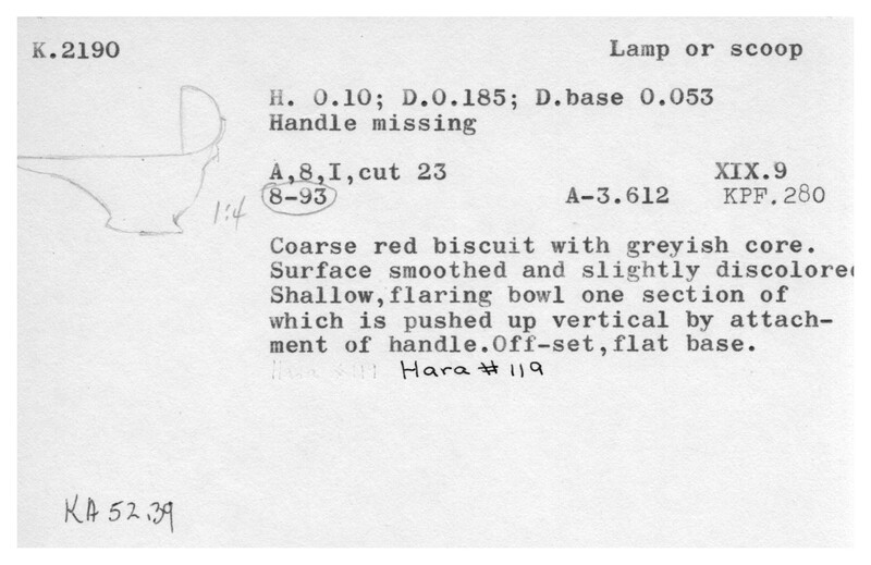 Index card with typed and handwritten information, sometimes including a sketch, of pottery from an excavation.