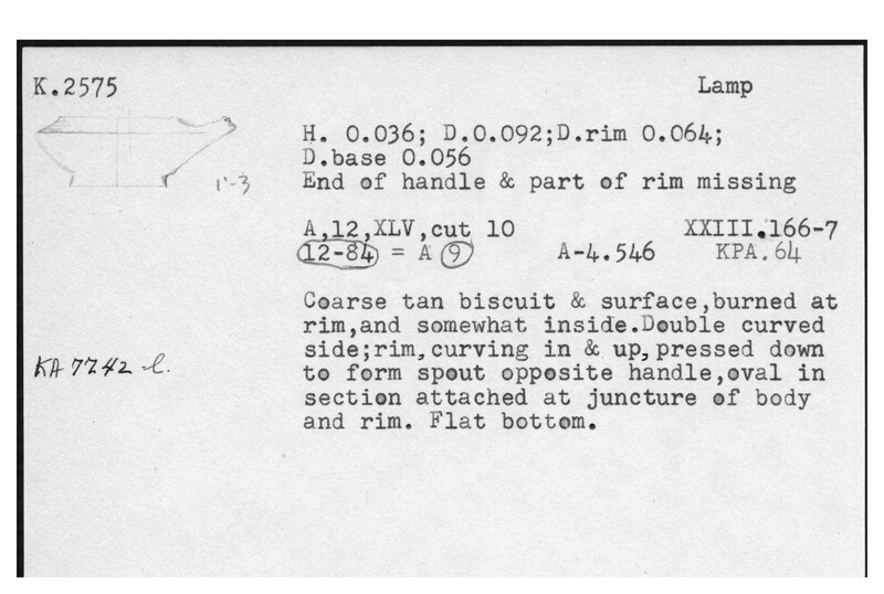 Index card with typed and handwritten information, sometimes including a sketch, of pottery from an excavation.