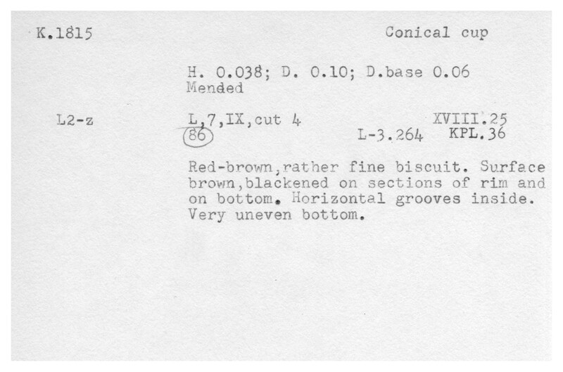 Index card with typed and handwritten information, sometimes including a sketch, of pottery from an excavation.