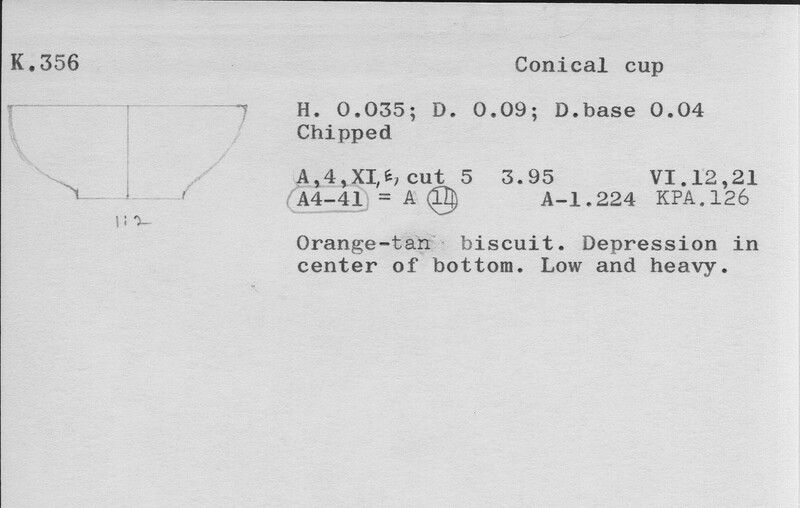 Index card with typed and handwritten information, sometimes including a sketch, of pottery from an excavation.