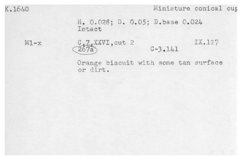 Index card with typed and handwritten information, sometimes including a sketch, of pottery from an excavation.