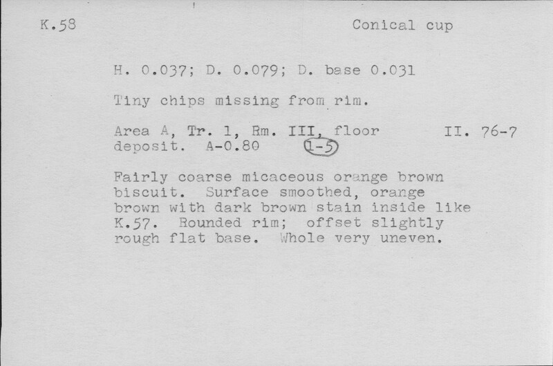 Index card with typed and handwritten information, sometimes including a sketch, of pottery from an excavation.