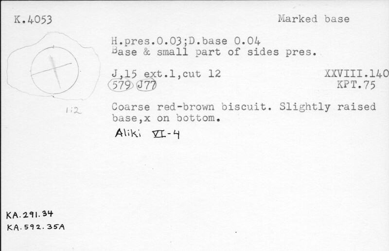 Index card with typed and handwritten information, sometimes including a sketch, of pottery from an excavation.