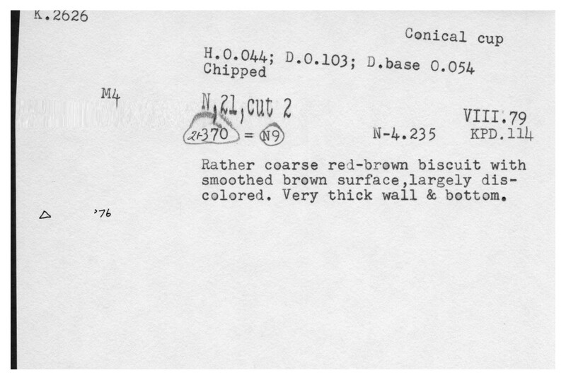 Index card with typed and handwritten information, sometimes including a sketch, of pottery from an excavation.