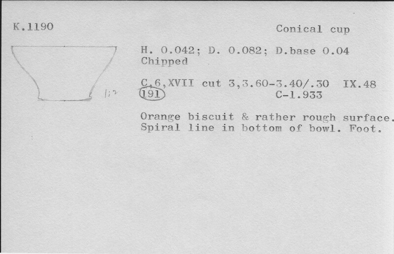 Index card with typed and handwritten information, sometimes including a sketch, of pottery from an excavation.