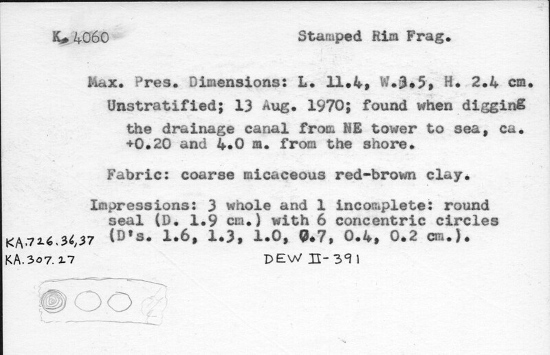 Index card with typed and handwritten information, sometimes including a sketch, of pottery from an excavation.