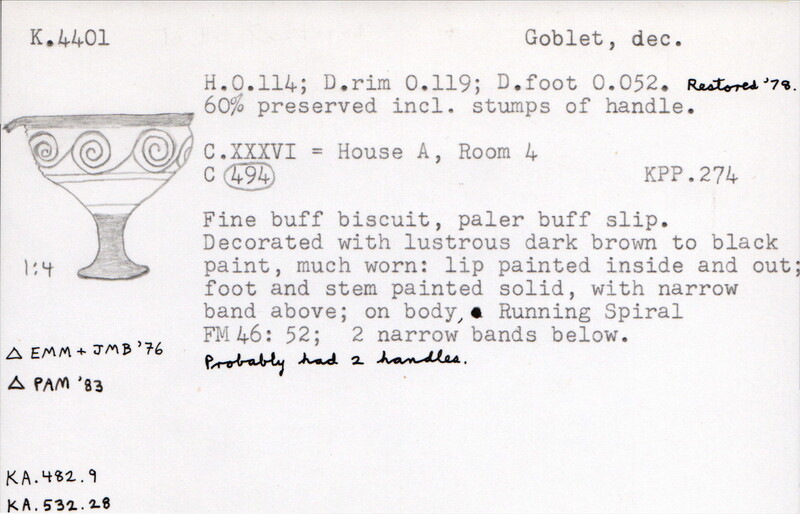 Index card with typed and handwritten information, sometimes including a sketch, of pottery from an excavation.
