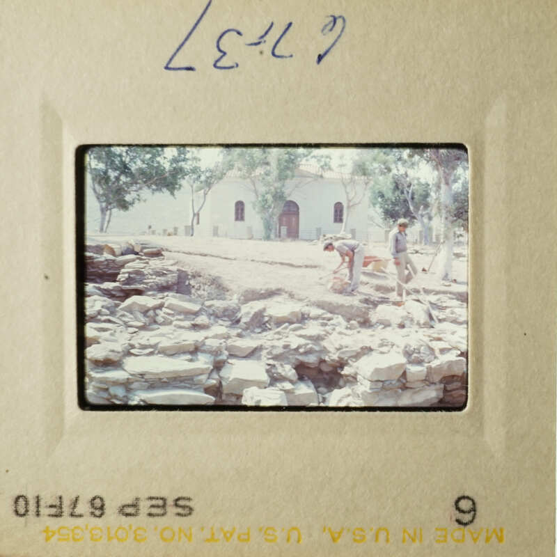 Two vintage photos showing construction work on a building with workers and equipment, set against an outdoor background.