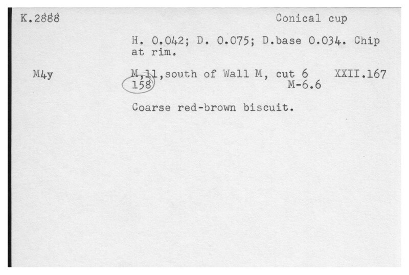 Index card with typed and handwritten information, sometimes including a sketch, of pottery from an excavation.