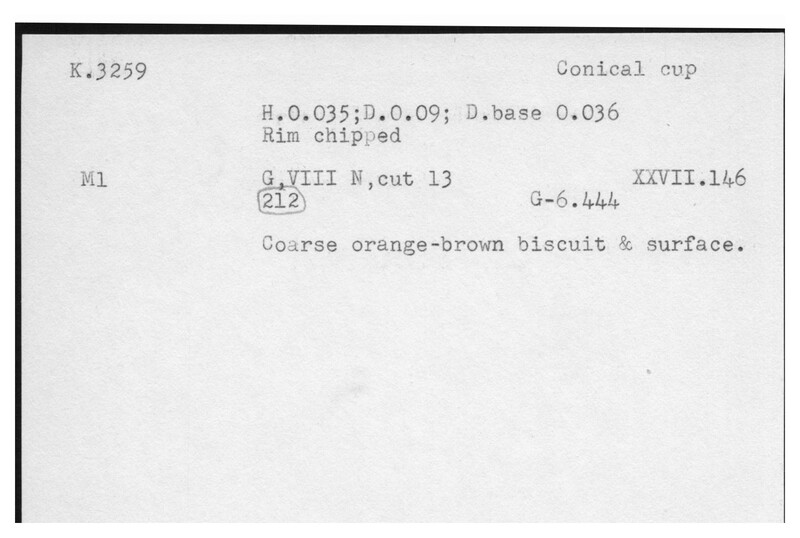 Index card with typed and handwritten information, sometimes including a sketch, of pottery from an excavation.