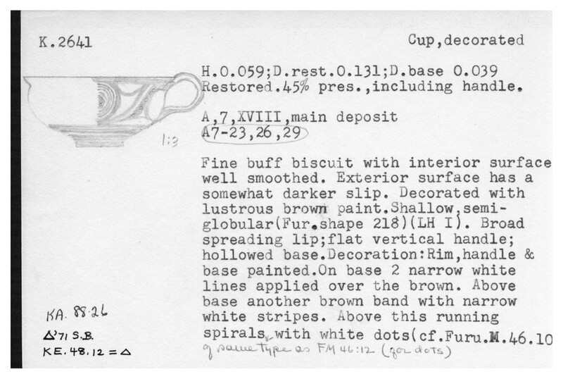 Index card with typed and handwritten information, sometimes including a sketch, of pottery from an excavation.