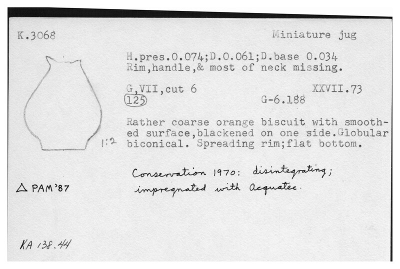 Index card with typed and handwritten information, sometimes including a sketch, of pottery from an excavation.
