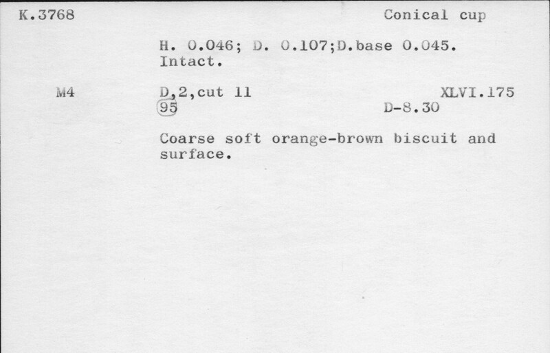 Index card with typed and handwritten information, sometimes including a sketch, of pottery from an excavation.