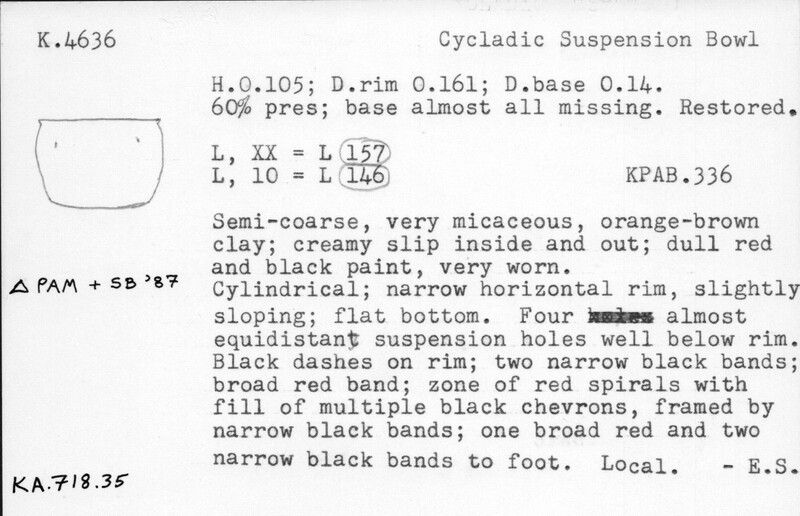 Index card with typed and handwritten information, sometimes including a sketch, of pottery from an excavation.