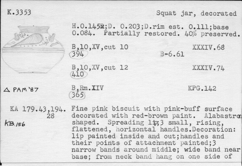 Index card with typed and handwritten information, sometimes including a sketch, of pottery from an excavation.