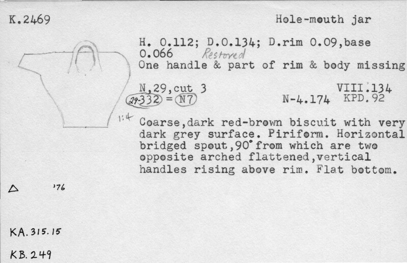 Index card with typed and handwritten information, sometimes including a sketch, of pottery from an excavation.