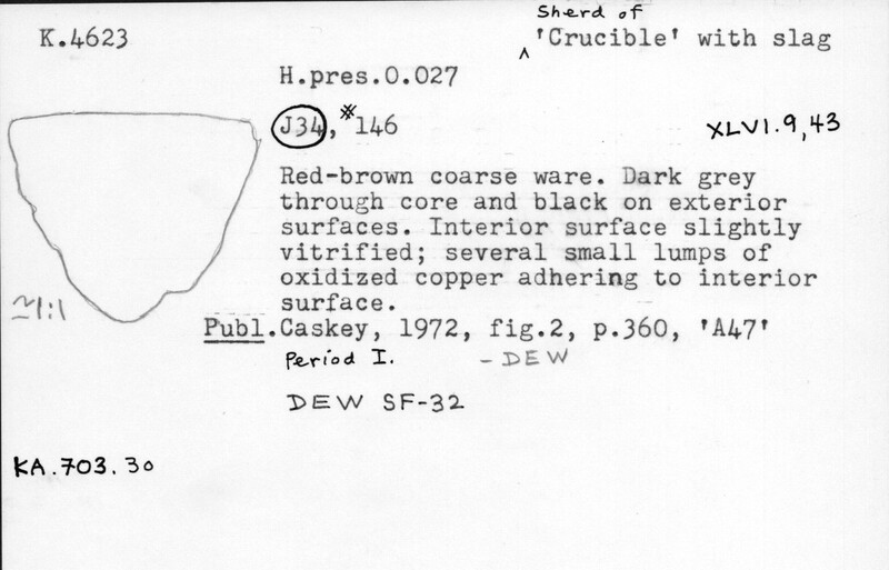 Index card with typed and handwritten information, sometimes including a sketch, of pottery from an excavation.