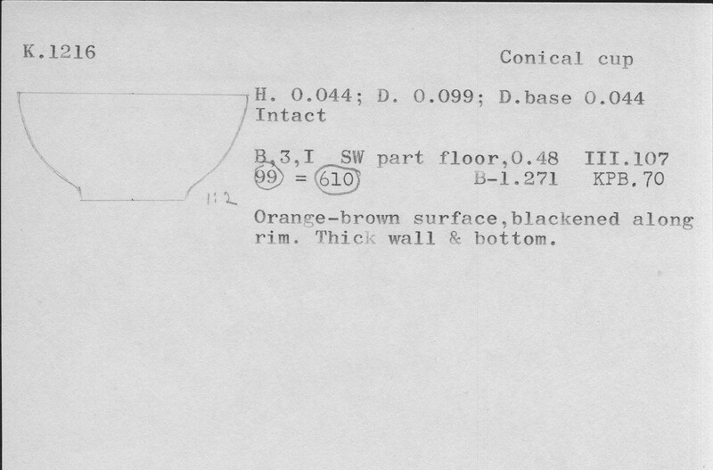 Index card with typed and handwritten information, sometimes including a sketch, of pottery from an excavation.