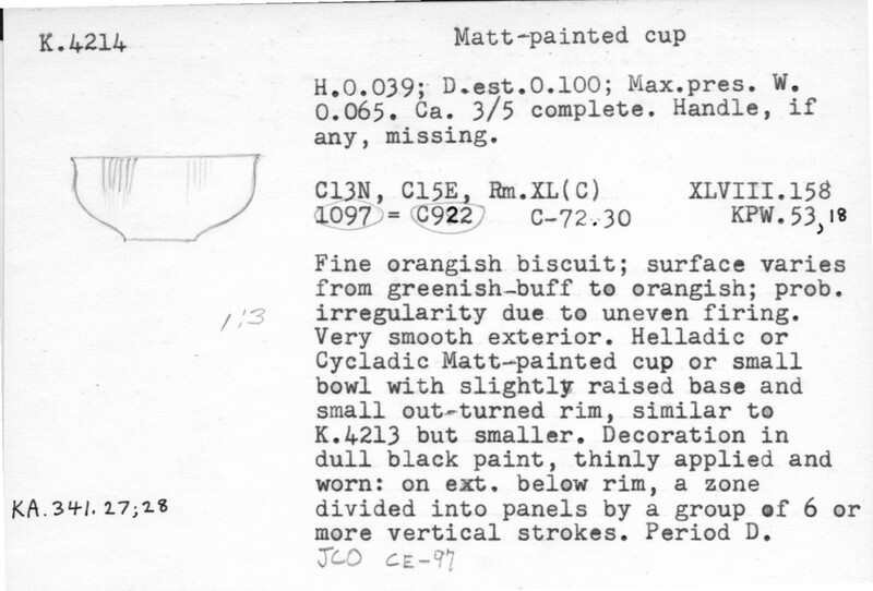 Index card with typed and handwritten information, sometimes including a sketch, of pottery from an excavation.