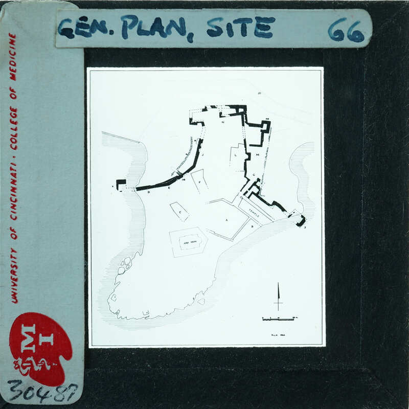 Black and white map of a site with annotations.