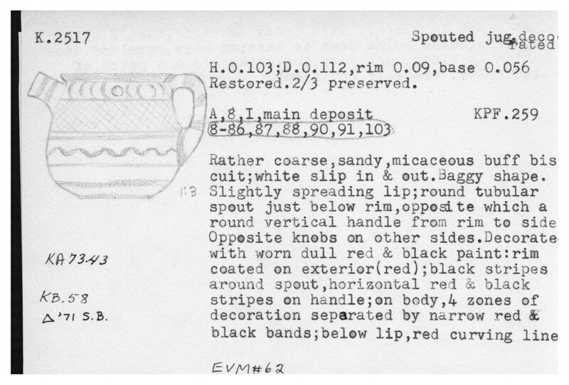 Index card with typed and handwritten information, sometimes including a sketch, of pottery from an excavation.