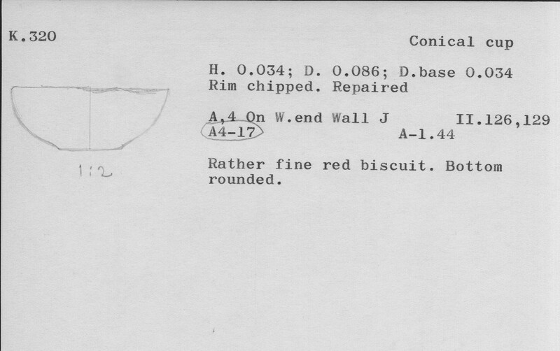 Index card with typed and handwritten information, sometimes including a sketch, of pottery from an excavation.