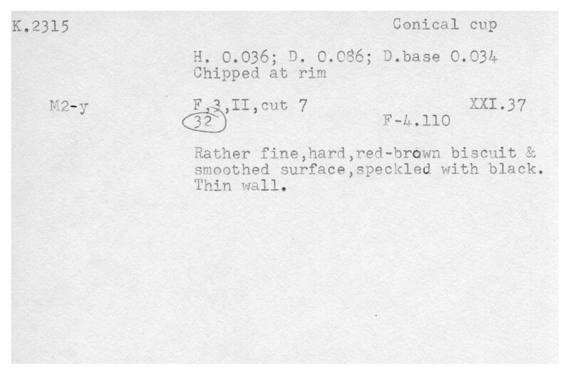 Index card with typed and handwritten information, sometimes including a sketch, of pottery from an excavation.