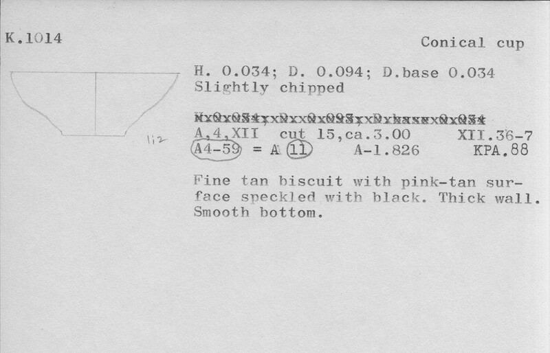 Index card with typed and handwritten information, sometimes including a sketch, of pottery from an excavation.