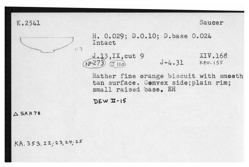 Index card with typed and handwritten information, sometimes including a sketch, of pottery from an excavation.