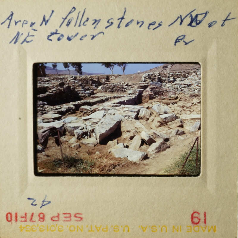 This is an image of two photos placed side by side, showing archaeological ruins and a stone quarry.