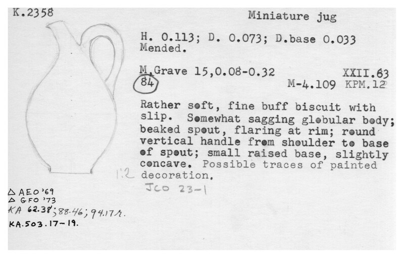Index card with typed and handwritten information, sometimes including a sketch, of pottery from an excavation.