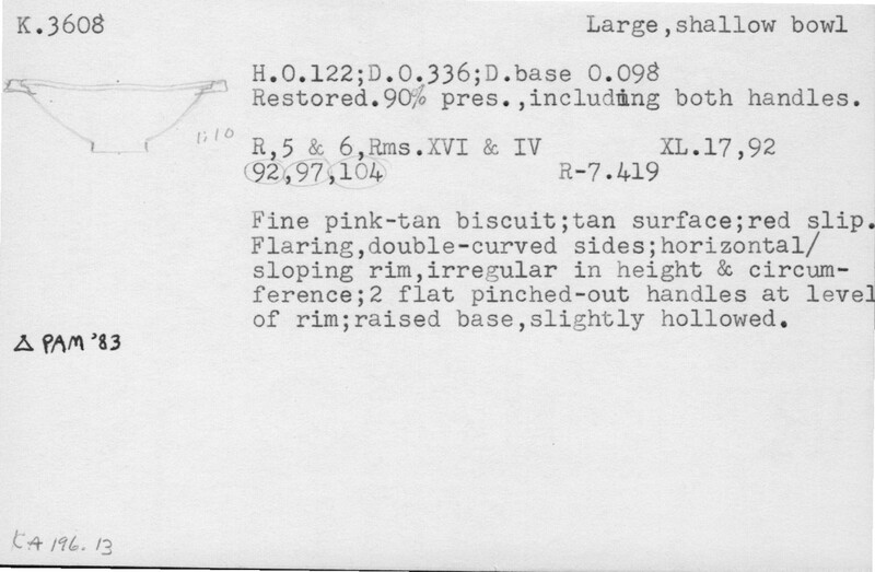 Index card with typed and handwritten information, sometimes including a sketch, of pottery from an excavation.