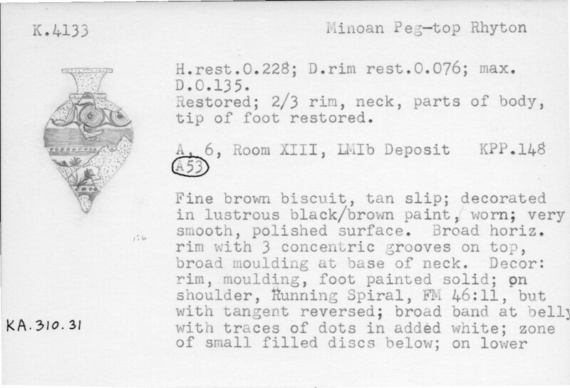 Index card with typed and handwritten information, sometimes including a sketch, of pottery from an excavation.
