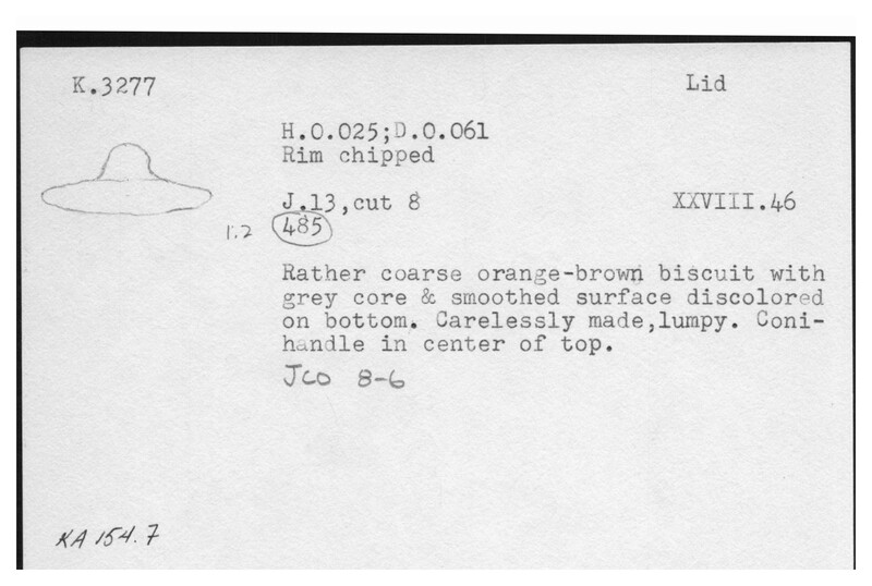 Index card with typed and handwritten information, sometimes including a sketch, of pottery from an excavation.
