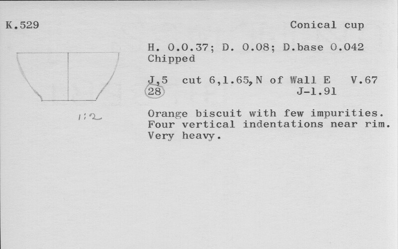 Index card with typed and handwritten information, sometimes including a sketch, of pottery from an excavation.