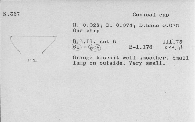 Index card with typed and handwritten information, sometimes including a sketch, of pottery from an excavation.