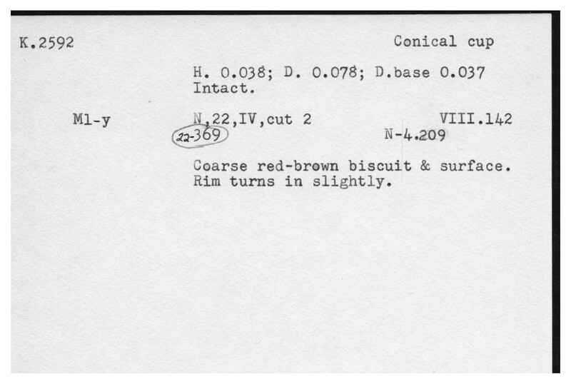 Index card with typed and handwritten information, sometimes including a sketch, of pottery from an excavation.