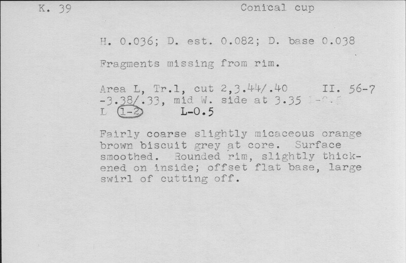 Index card with typed and handwritten information, sometimes including a sketch, of pottery from an excavation.