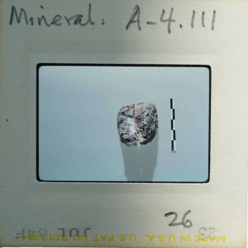 A small, dark rock specimen on a light background with a white border and a label.