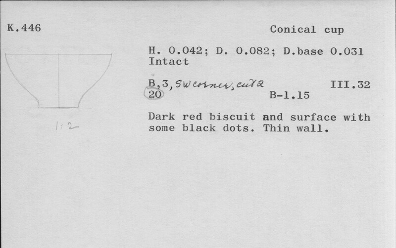Index card with typed and handwritten information, sometimes including a sketch, of pottery from an excavation.