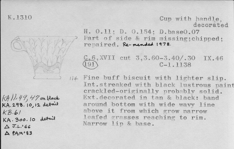 Index card with typed and handwritten information, sometimes including a sketch, of pottery from an excavation.