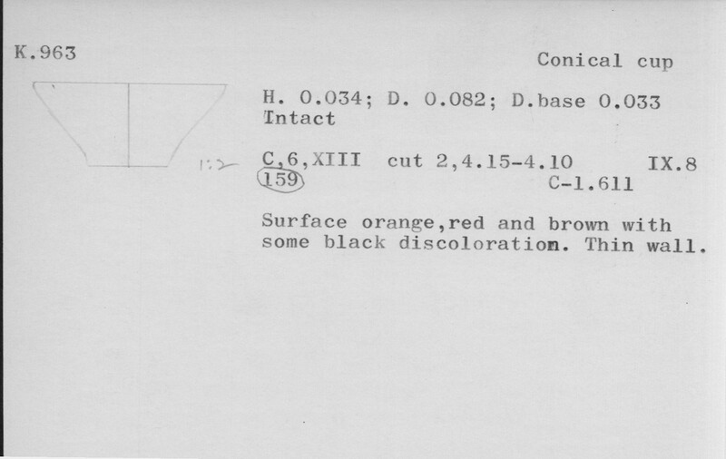 Index card with typed and handwritten information, sometimes including a sketch, of pottery from an excavation.