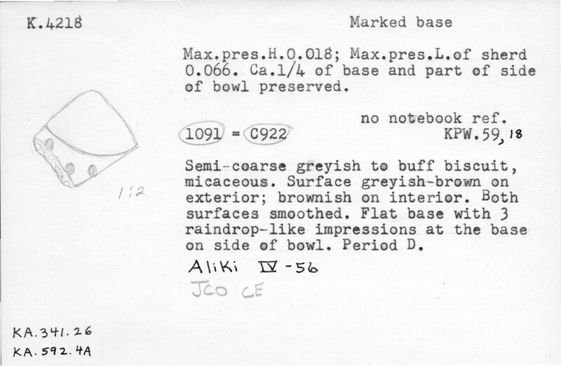 Index card with typed and handwritten information, sometimes including a sketch, of pottery from an excavation.