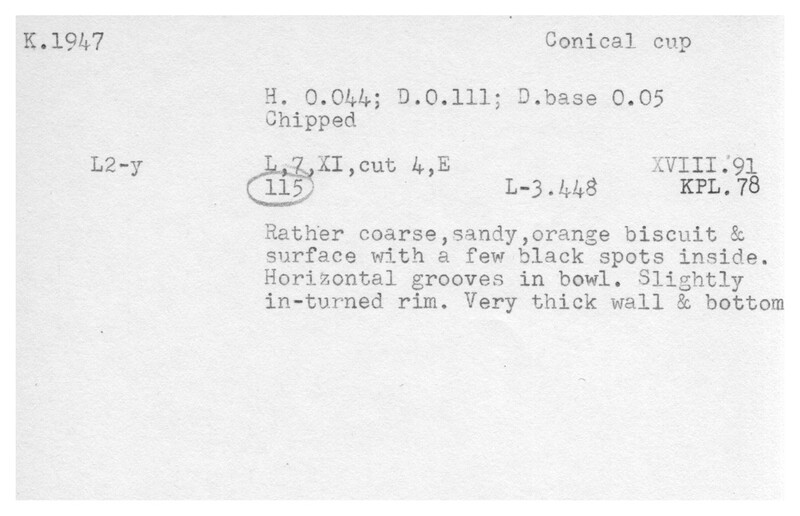 Index card with typed and handwritten information, sometimes including a sketch, of pottery from an excavation.