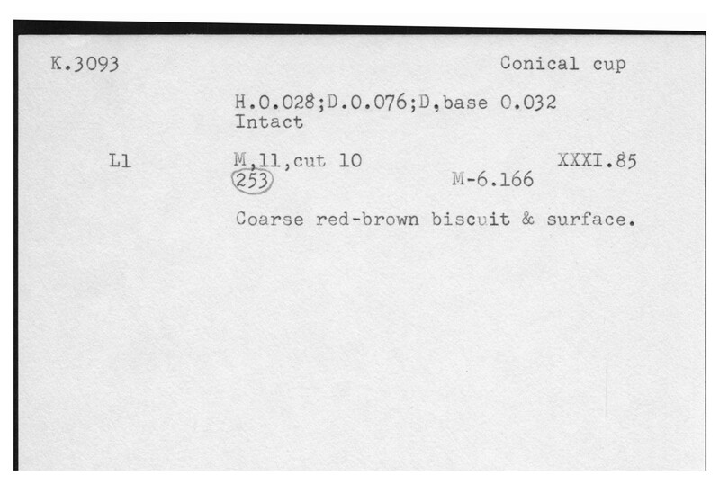 Index card with typed and handwritten information, sometimes including a sketch, of pottery from an excavation.
