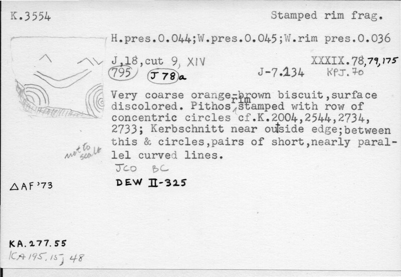 Index card with typed and handwritten information, sometimes including a sketch, of pottery from an excavation.