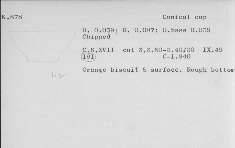 Index card with typed and handwritten information, sometimes including a sketch, of pottery from an excavation.