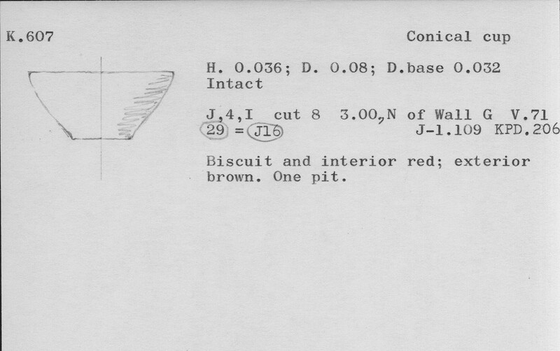 Index card with typed and handwritten information, sometimes including a sketch, of pottery from an excavation.