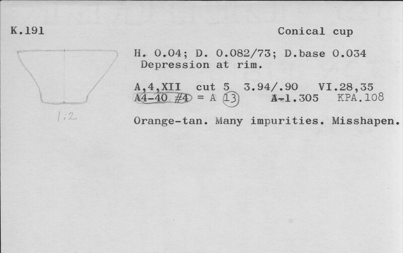 Index card with typed and handwritten information, sometimes including a sketch, of pottery from an excavation.
