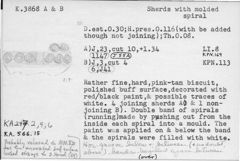 Index card with typed and handwritten information, sometimes including a sketch, of pottery from an excavation.